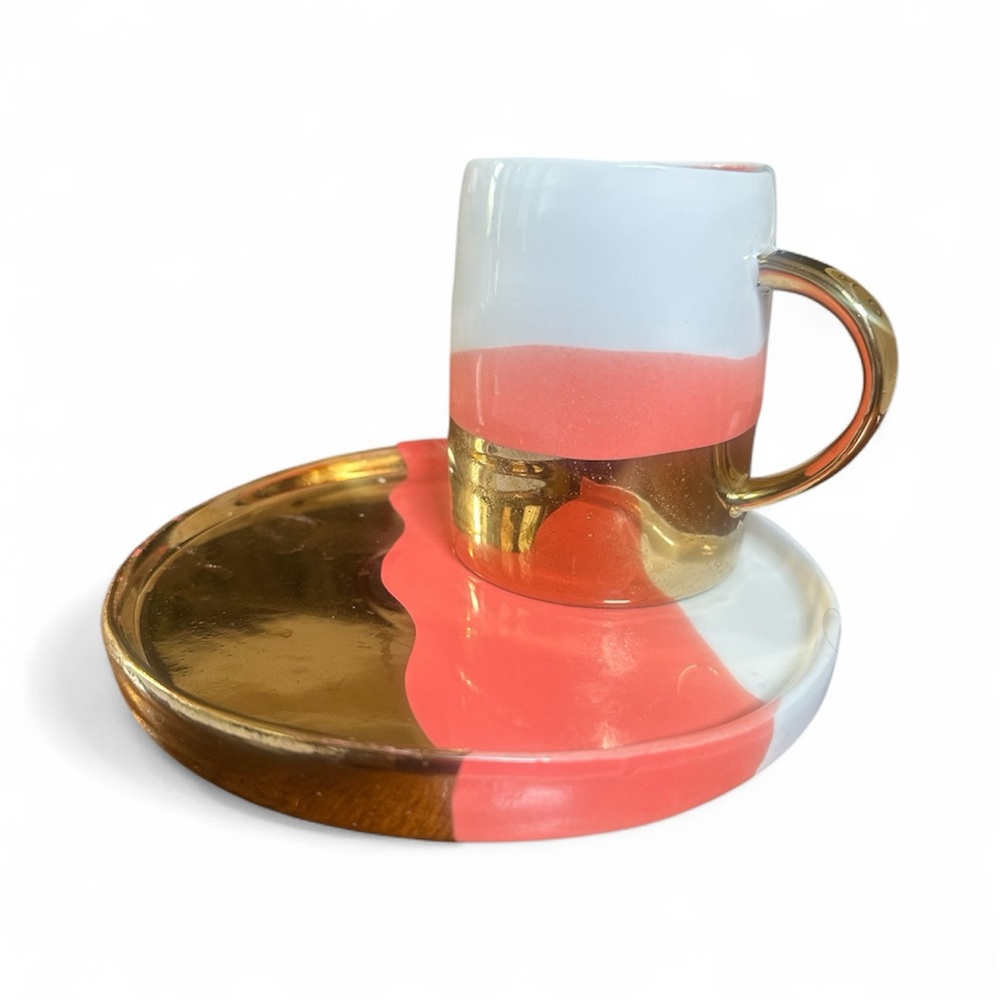 Anthropologie Gold and Coral Saucer